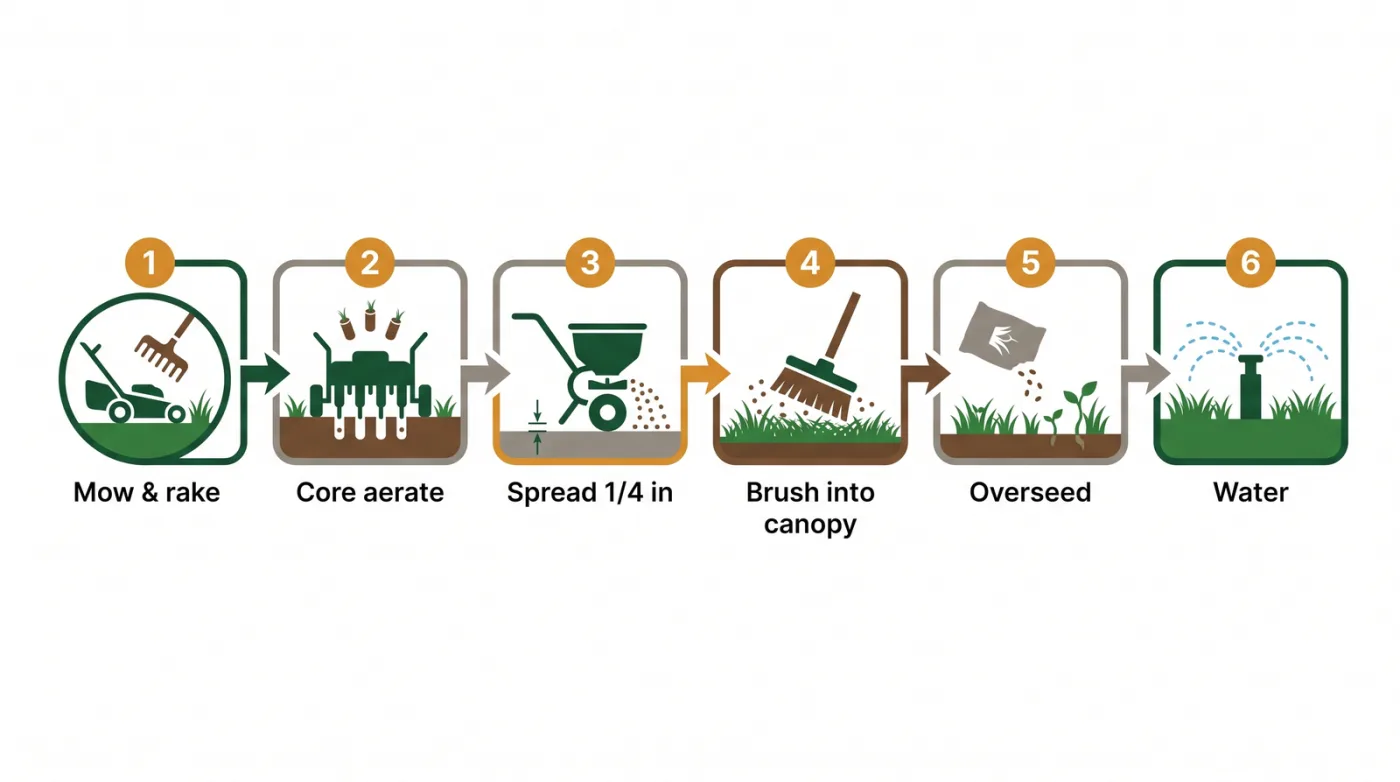 Numbered process diagram of topdressing a lawn: mow and rake, core aerate, spread a quarter inch of soil blend, brush it into the canopy, overseed, then water