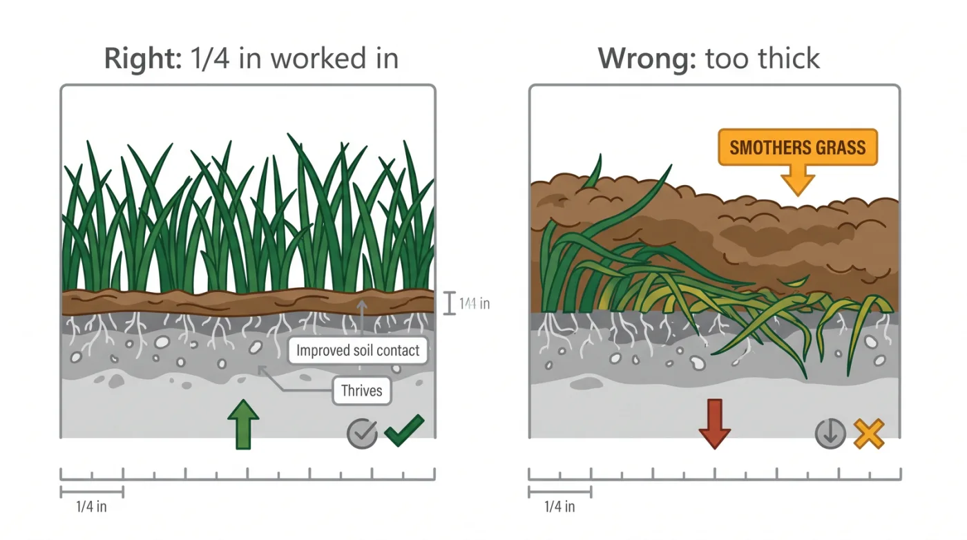 Comparison cross-section: correct quarter-inch topdressing worked into the grass canopy with blades still showing, versus too-thick topdressing burying the blades
