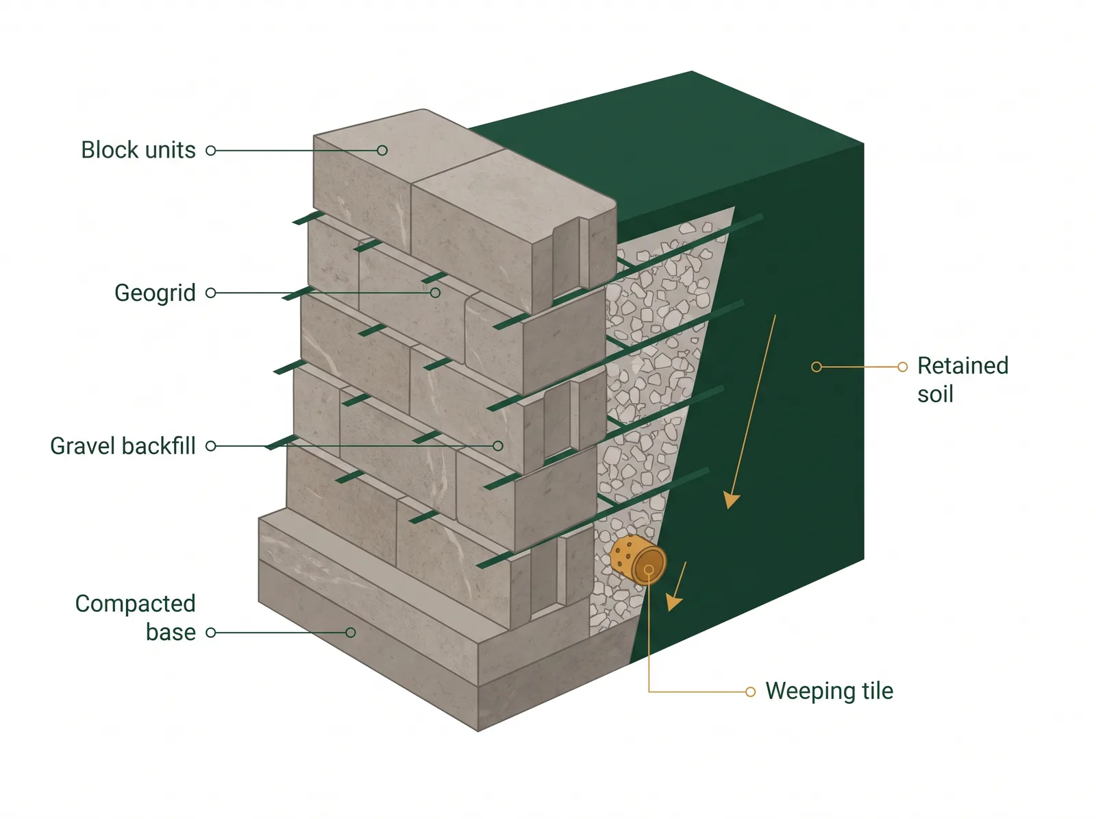 Labeled cross-section of a Toronto retaining wall showing compacted granular base, block units, geogrid soil reinforcement, gravel backfill, and weeping tile drainage