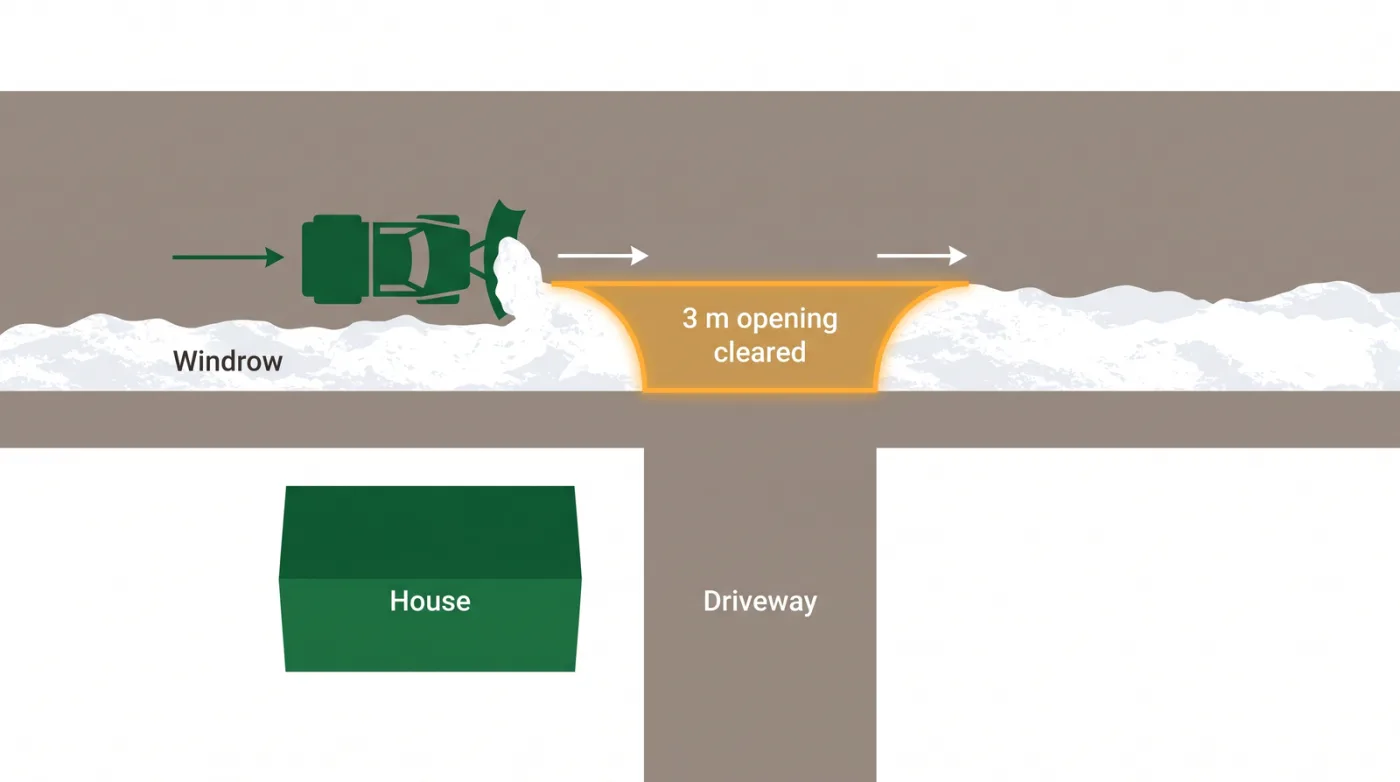 Diagram showing a plow creating a snow windrow across a driveway entrance and a separate pass clearing a 3-metre opening on an eligible street