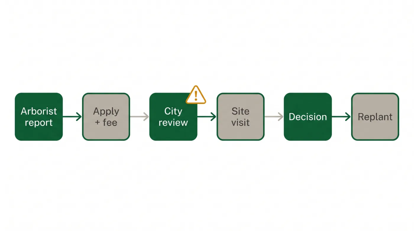 Flow diagram of the Toronto tree removal permit process from arborist report through application, City review, site visit, decision, and replanting