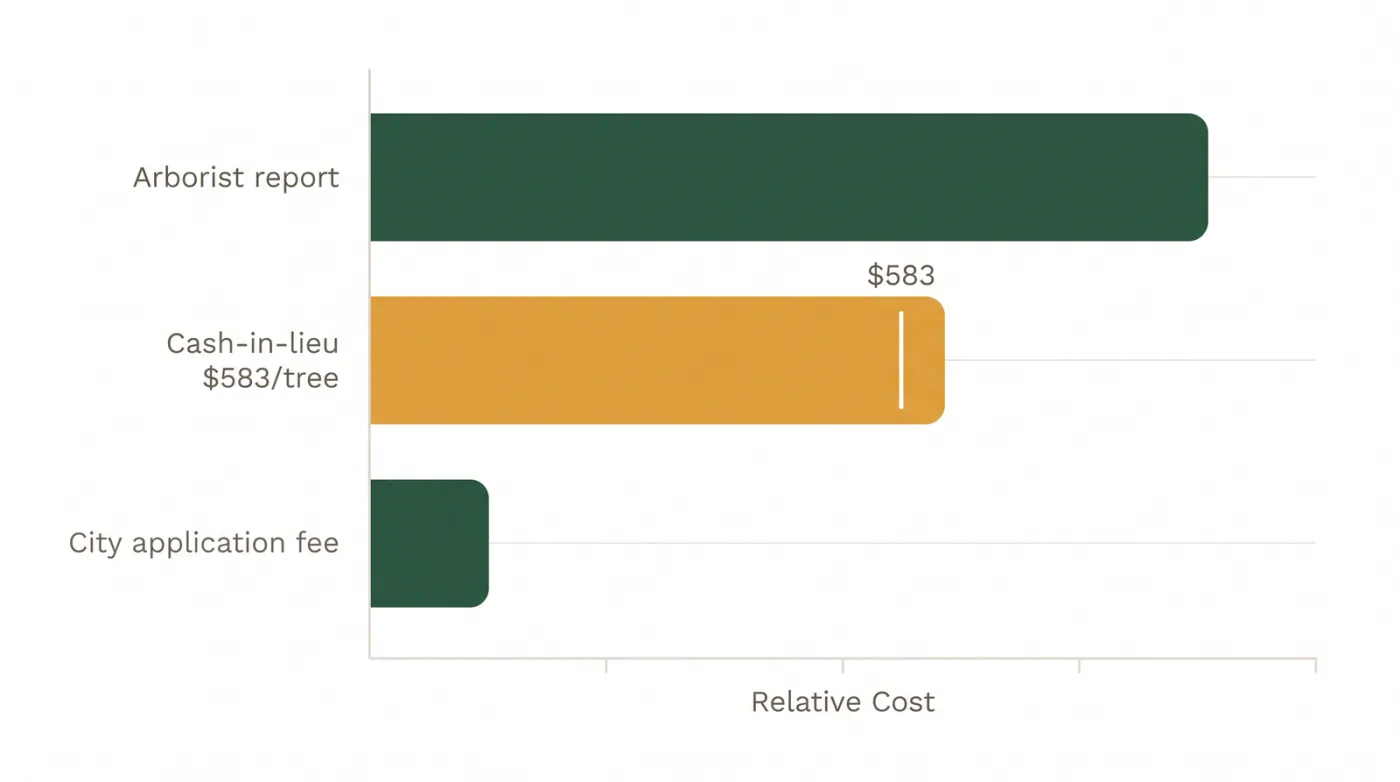 Bar chart comparing the three cost lines of a Toronto tree removal permit: small City application fee, larger arborist report, and $583 cash-in-lieu per tree if replanting is not possible
