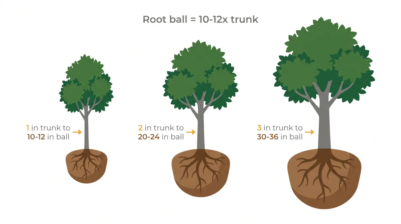 Diagram showing root ball size by trunk caliper: 1 inch trunk needs a 10 to 12 inch root ball, 2 inch trunk needs 20 to 24 inches, 3 inch trunk needs 30 to 36 inches