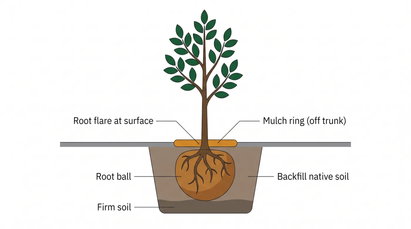 Cross-section of a correctly planted tree: root flare at ground level, root ball sitting on firm soil, backfilled native soil, and mulch kept away from the trunk