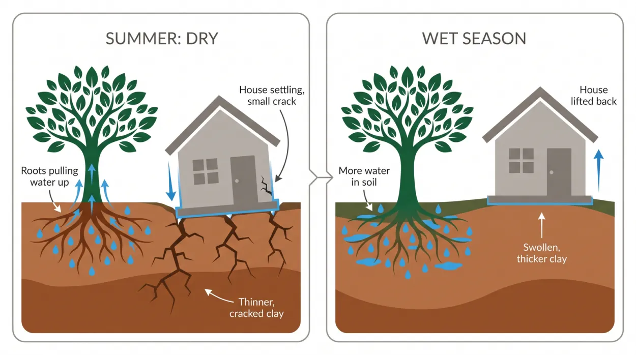 Diagram showing how a tree dries and shrinks clay soil in summer causing foundation settlement, versus wet clay swelling back, on a Toronto lot