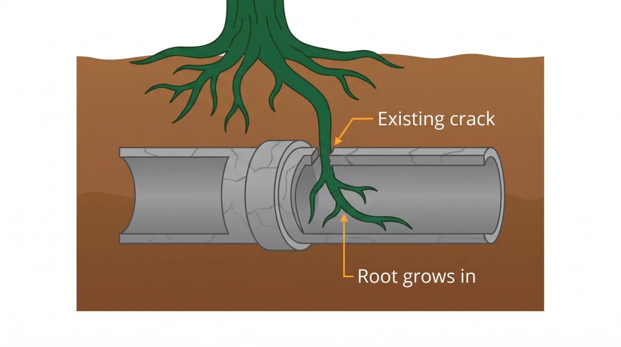 Cross-section diagram showing a tree root entering a sewer pipe through an existing cracked joint rather than piercing intact pipe