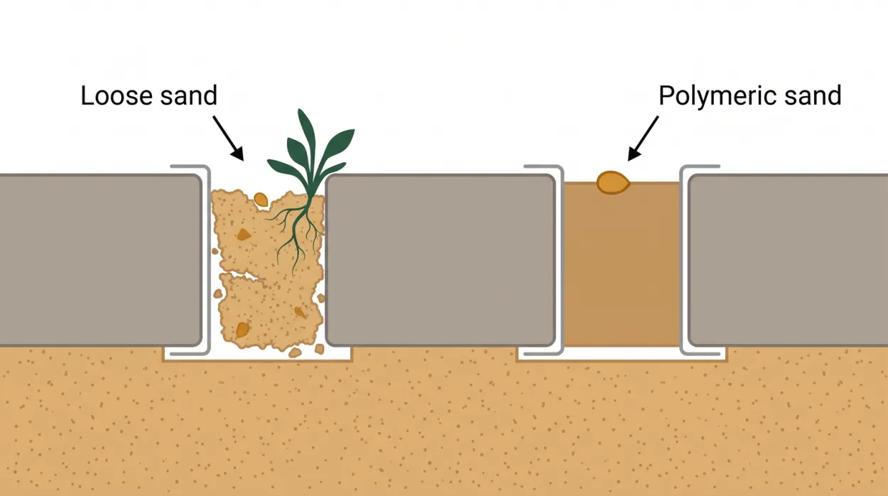 Cross-section comparison of two paver joints: a loose sand joint where a weed roots in trapped grit versus a hardened polymeric sand joint that blocks seeds