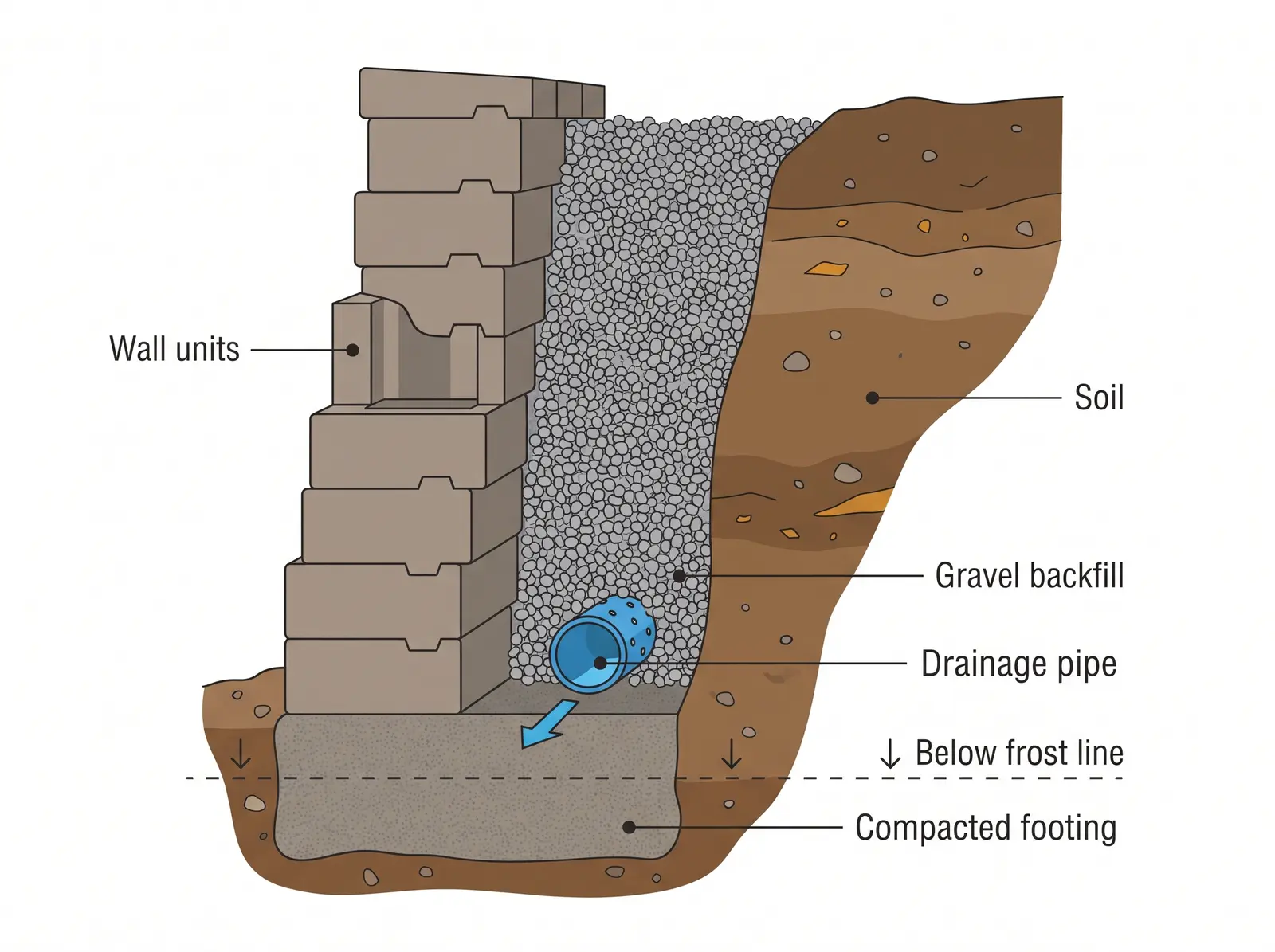 Cross-section diagram of a retaining wall showing the wall units, gravel backfill, drainage pipe behind the wall, and a compacted footing set below the frost line