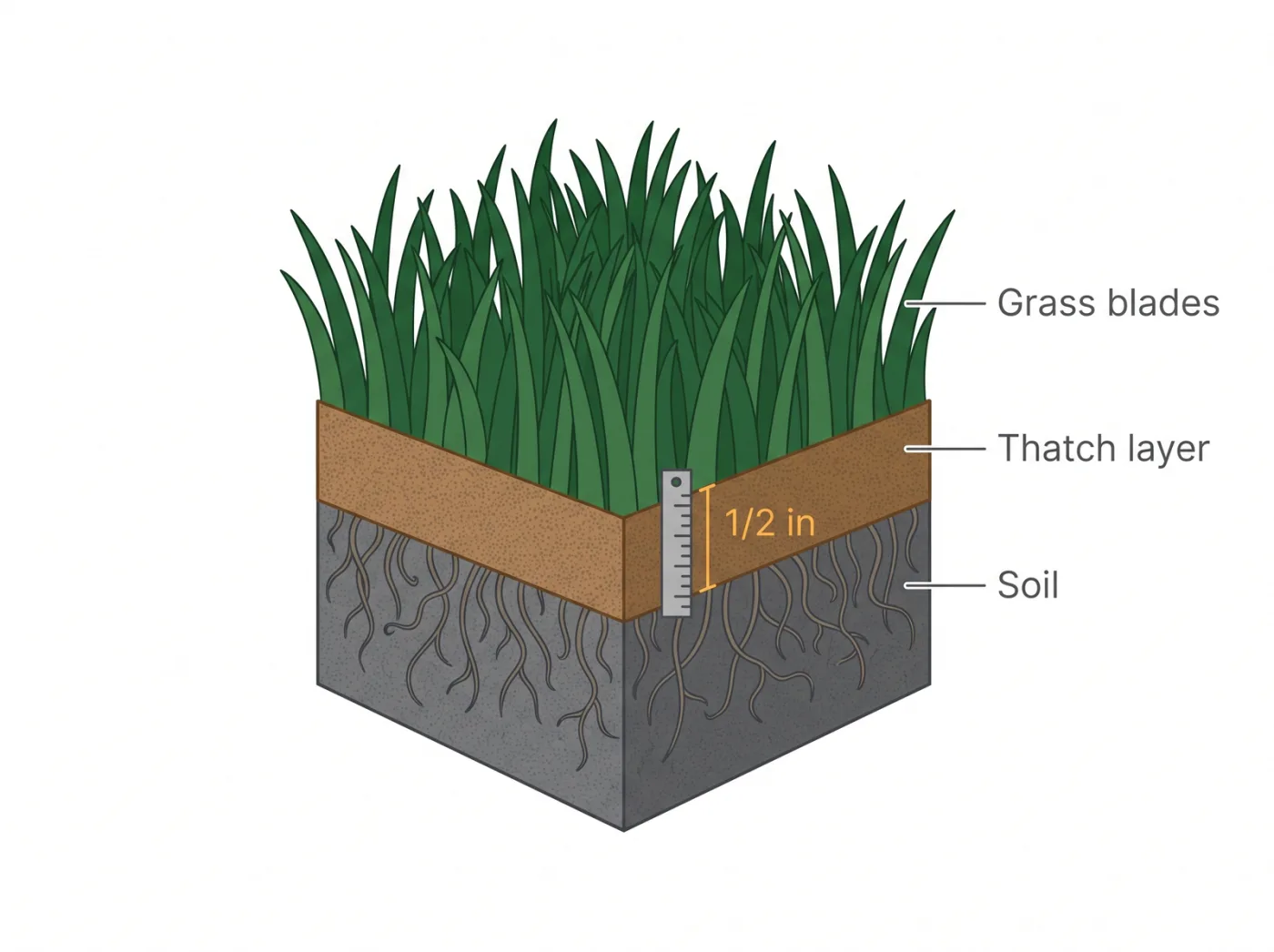 Cross-section diagram of a lawn showing green grass blades, a brown thatch layer between grass and soil marked at half an inch, and the soil below