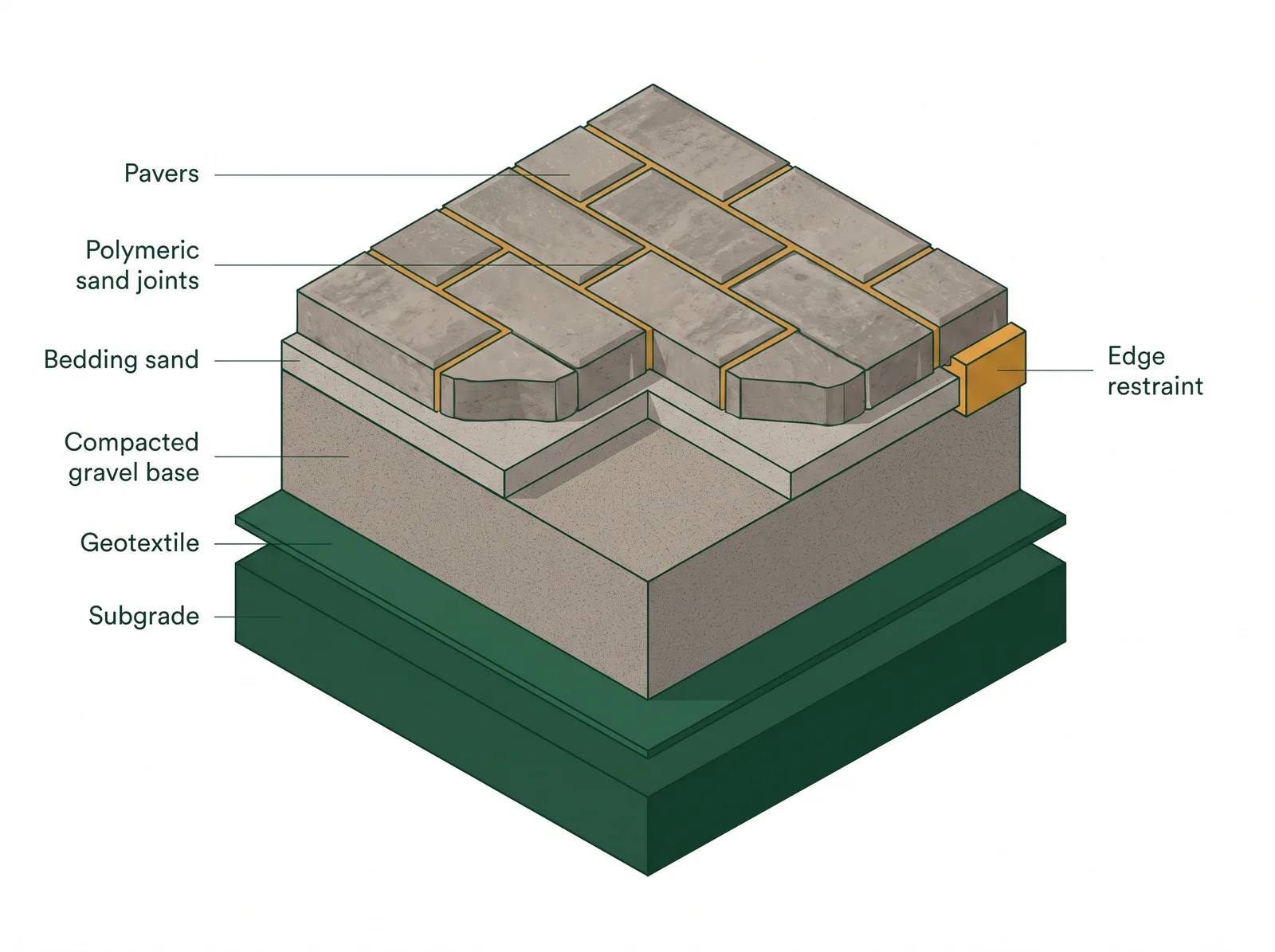 Labeled cross-section of an interlocking driveway showing subgrade, geotextile, compacted gravel base, bedding sand, pavers, polymeric sand joints and edge restraint