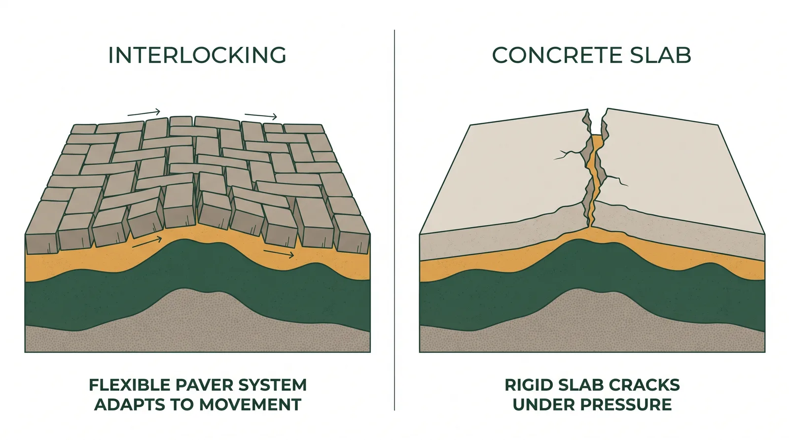 Comparison diagram of interlocking pavers flexing with heaved ground versus a solid concrete slab cracking under the same freeze-thaw movement