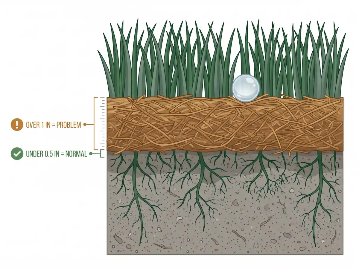 Cross-section diagram of a lawn showing the thatch layer between grass and soil, with under half an inch marked normal and over one inch marked a problem
