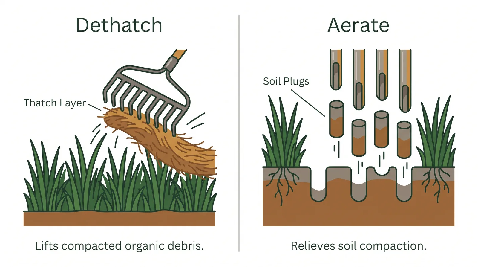 Side-by-side comparison of dethatching versus aerating a lawn, showing dethatching removes surface thatch while aeration removes soil plugs to relieve compaction