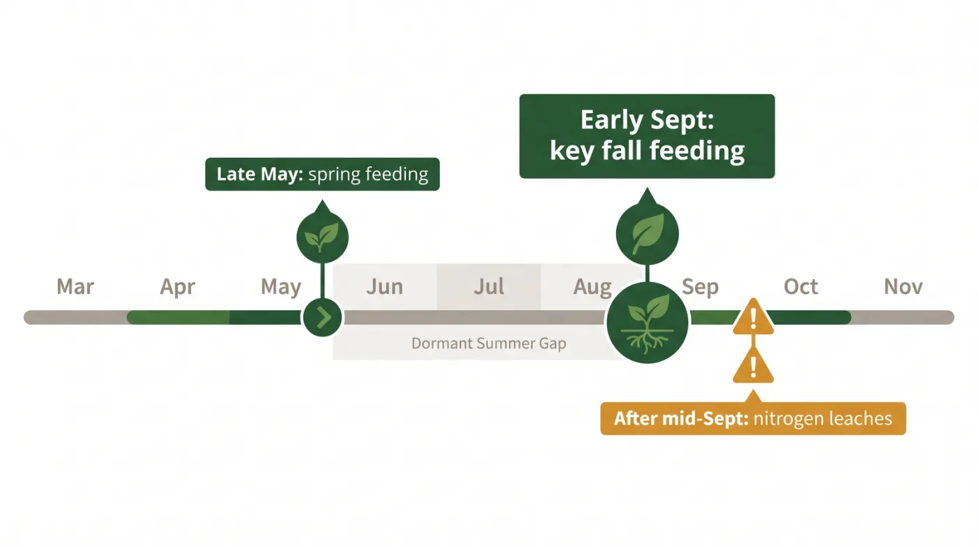 Ontario lawn fertilizer calendar timeline showing a late May to early June spring feeding, a key early September fall feeding, and a caution zone against nitrogen after mid-September