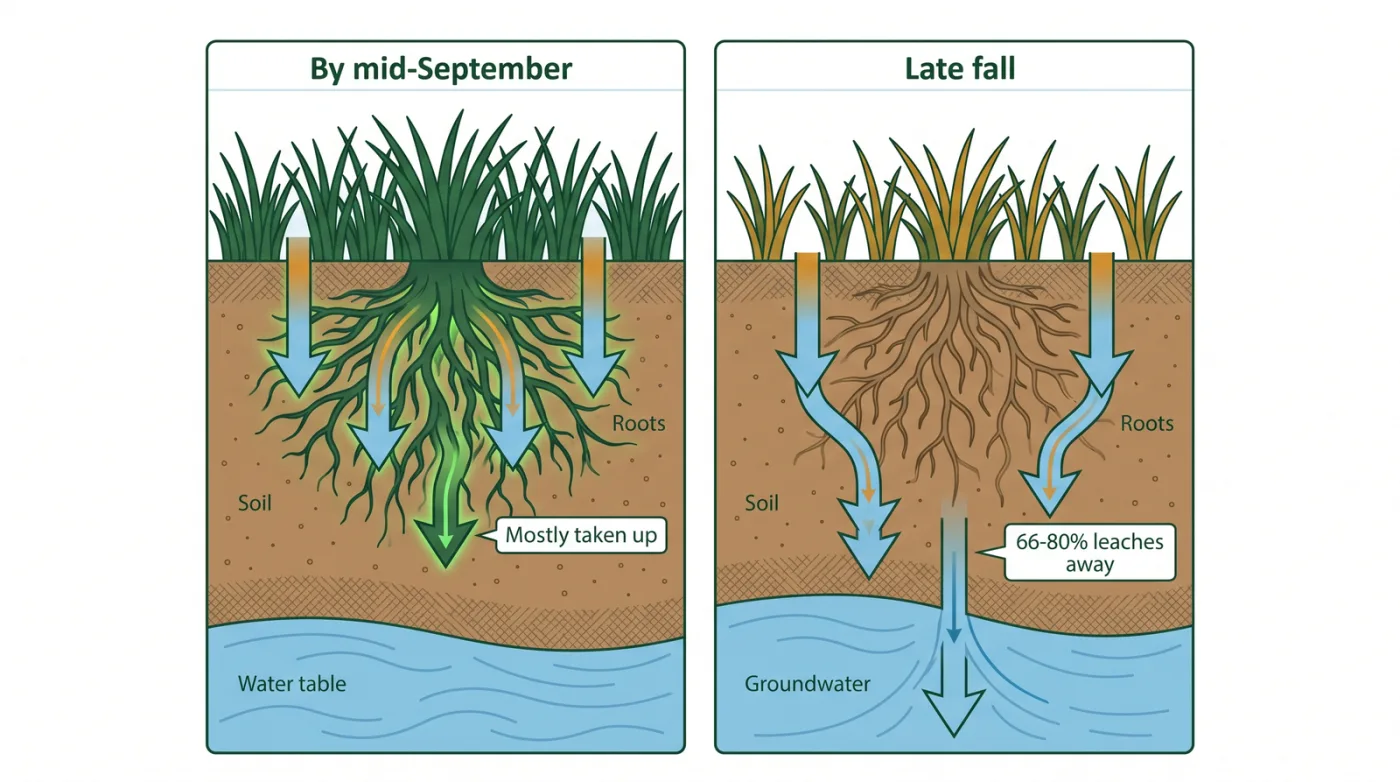 Diagram comparing nitrogen applied before mid-September, mostly taken up by the lawn, versus nitrogen applied in late fall, where 66 to 80 percent leaches into groundwater