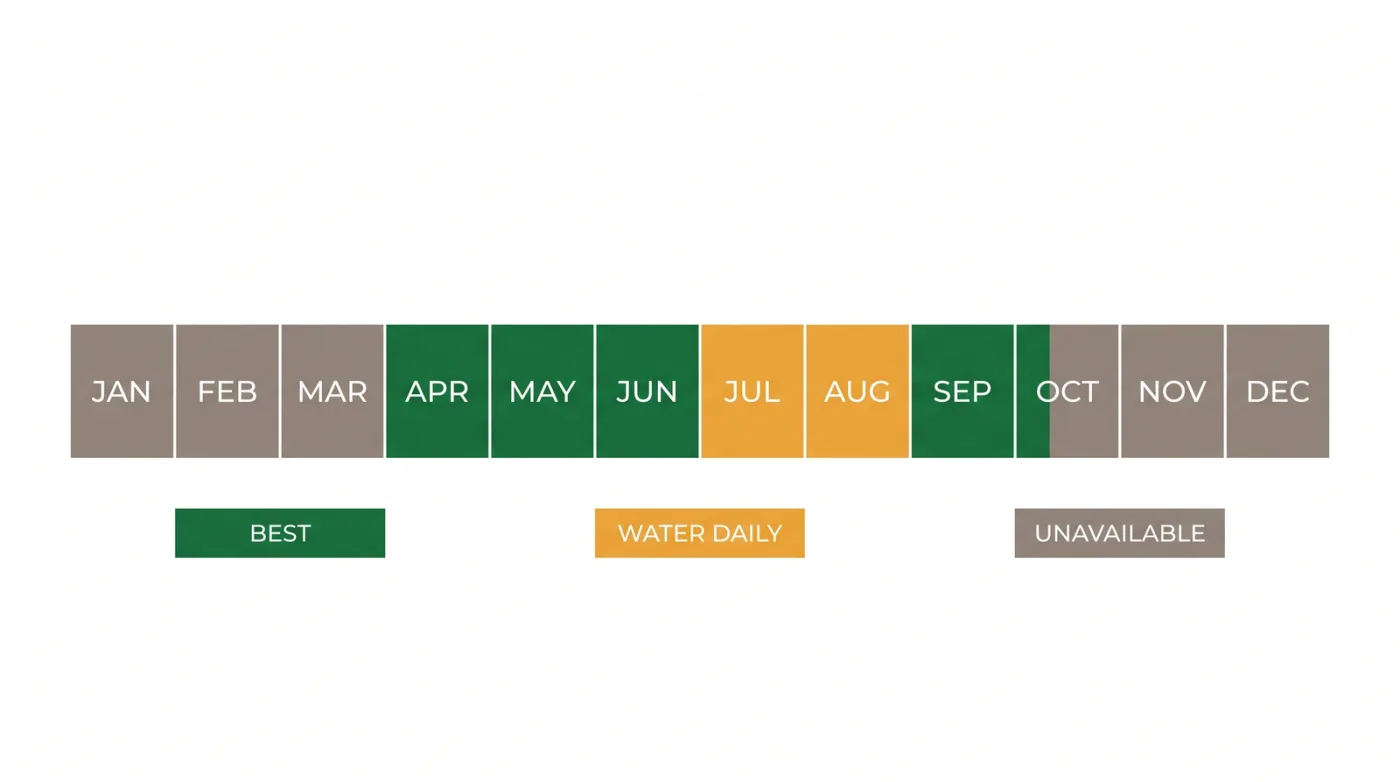 Calendar diagram of the Toronto sod-laying year showing spring and early-fall as best windows, July and August as risky, and winter as unavailable