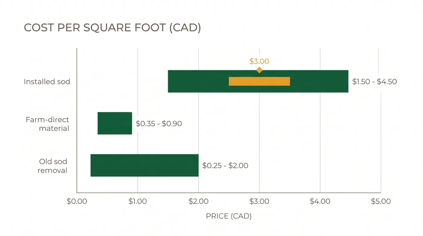Bar chart of Toronto sod costs per square foot: farm-direct material, installed sod, and old-sod removal, with per-load delivery noted