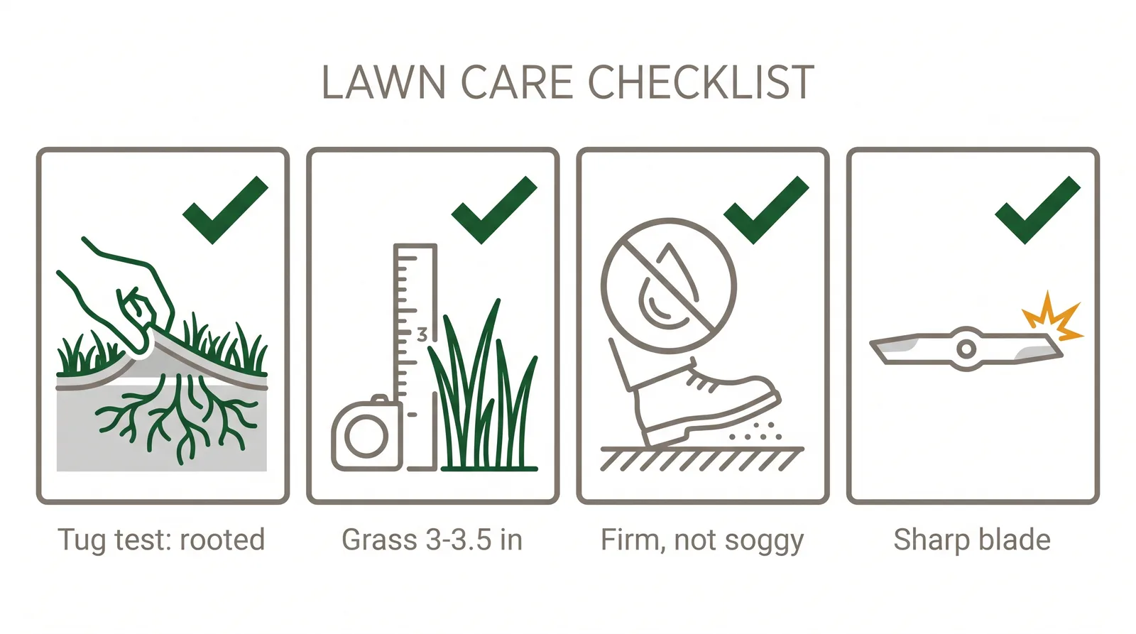Checklist diagram of four signs new sod is ready to mow: passes the tug test with white roots, grass at 3 to 3.5 inches, firm not soggy ground, and a sharp mower blade