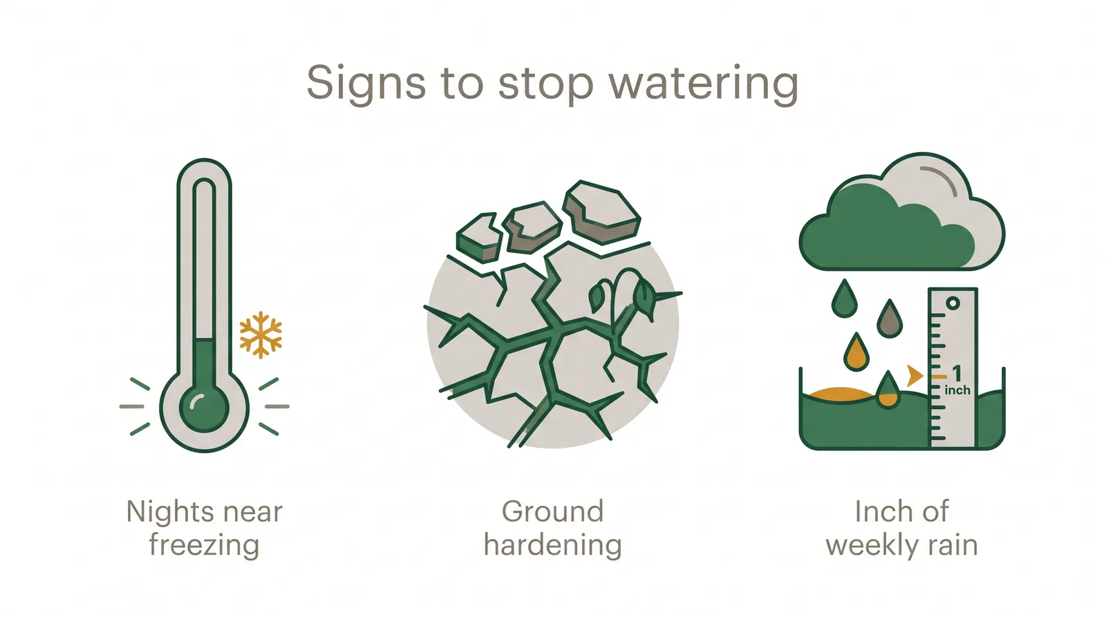 Diagram of three signs it is time to stop watering a lawn in fall: nights near freezing, ground hardening, and an inch of weekly rain