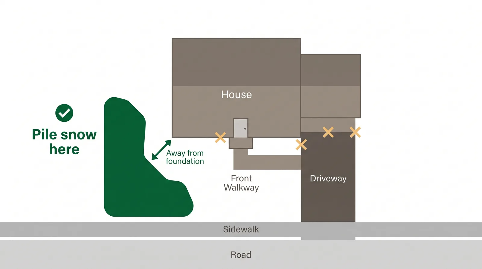 Diagram of a property showing where to pile snow: on the lawn away from the house foundation, not on the driveway, sidewalk or road