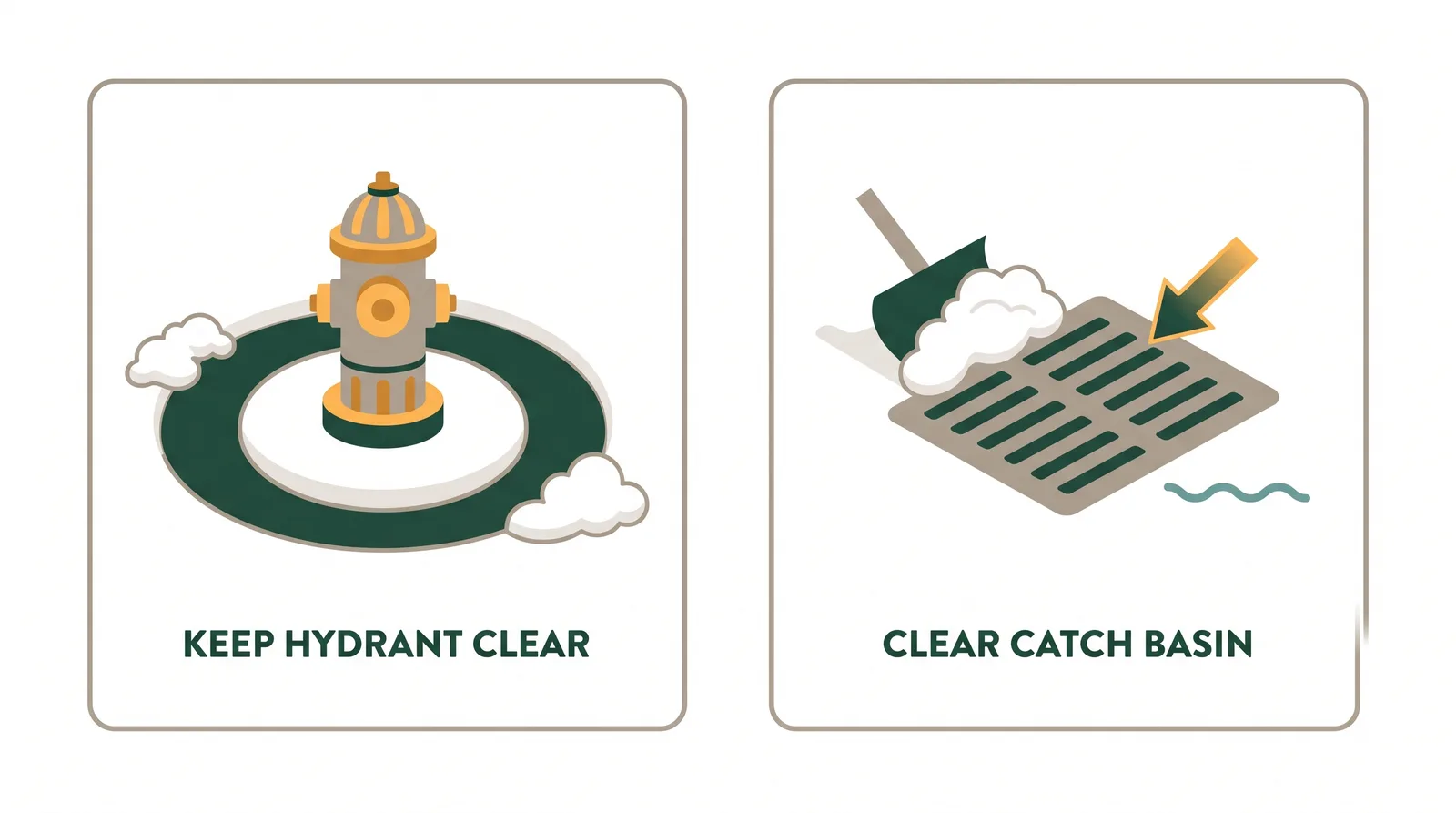 Diagram showing a homeowner clearing snow from around a fire hydrant and from a road catch basin grate to prevent flooding