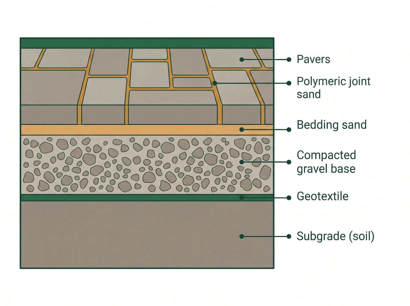 Labeled cross-section of a proper interlocking driveway base showing subgrade, geotextile, compacted gravel base, bedding sand, pavers, and polymeric joint sand