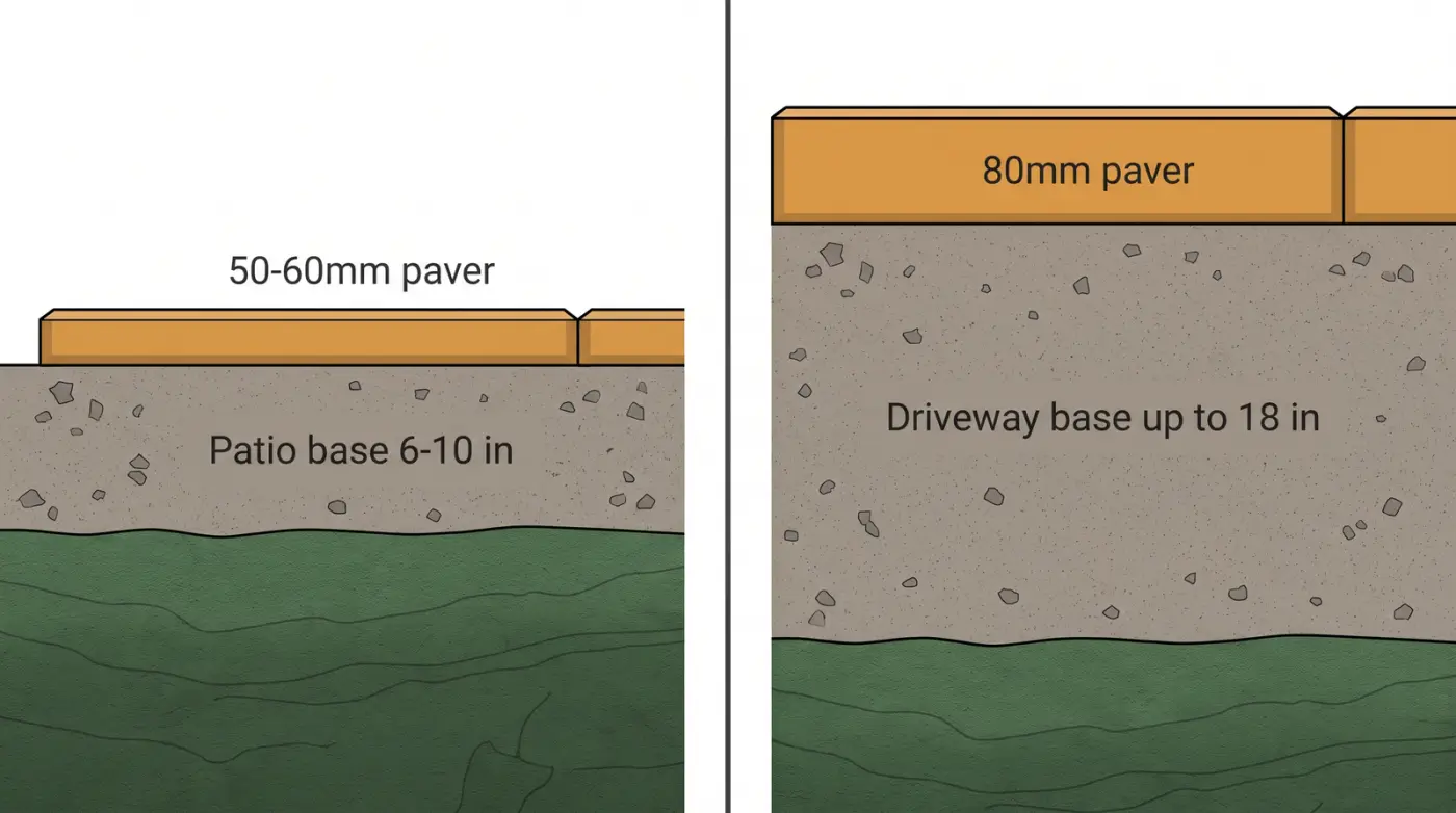 Diagram comparing interlocking base depth for a patio at 6 to 10 inches versus a driveway at up to 18 inches