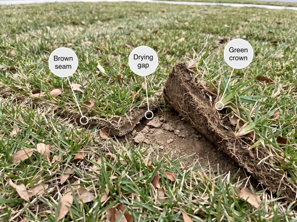 Annotated photo of struggling new sod with callouts pointing to browning seams, a dry shrinking edge with a gap, and a lifted corner showing a green crown at the soil line