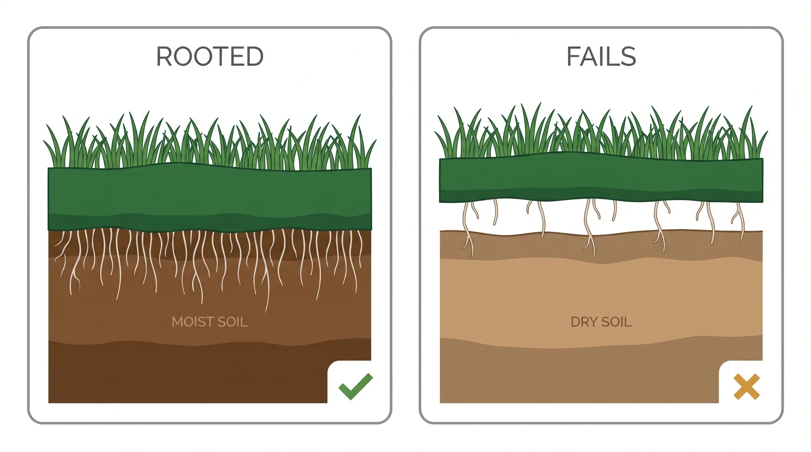 Cross-section comparison showing sod pressed into firm moist soil with roots growing down on the left, versus sod sitting on an air pocket over dry soil with roots unable to reach on the right