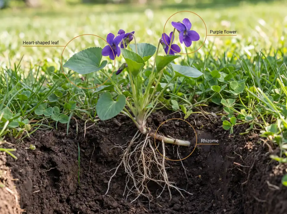 Annotated photo of a wild violet plant in a lawn with callouts pointing to the heart-shaped leaf, the purple flower, and the underground rhizome