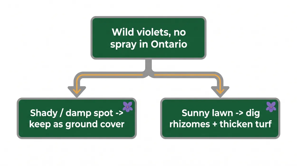 Decision diagram for wild violets in Ontario: keep them as native ground cover, or remove by digging rhizomes and thickening the lawn, since herbicides are banned