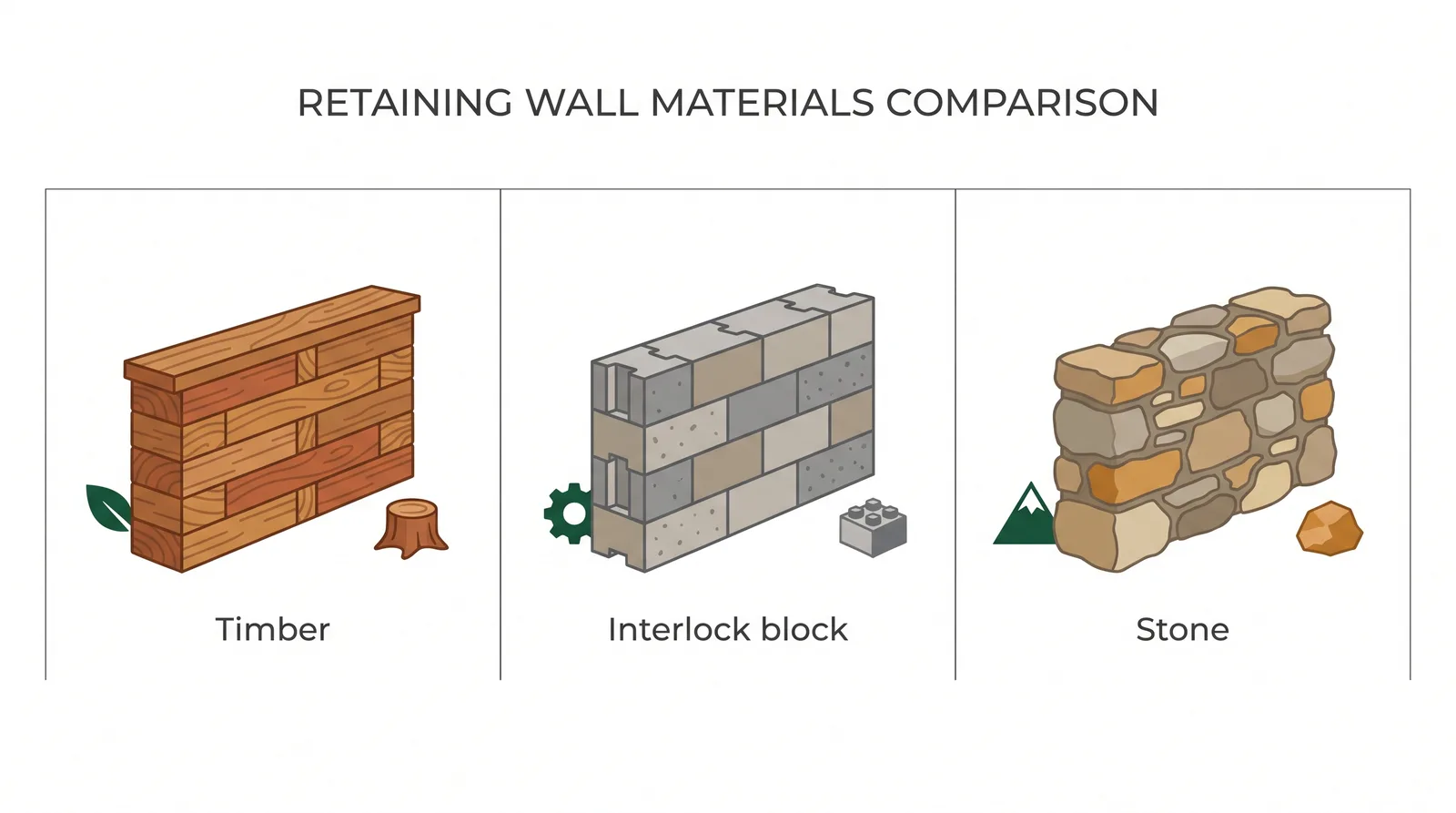 Side-by-side comparison of three retaining wall materials: pressure-treated timber, interlocking concrete block, and natural stone