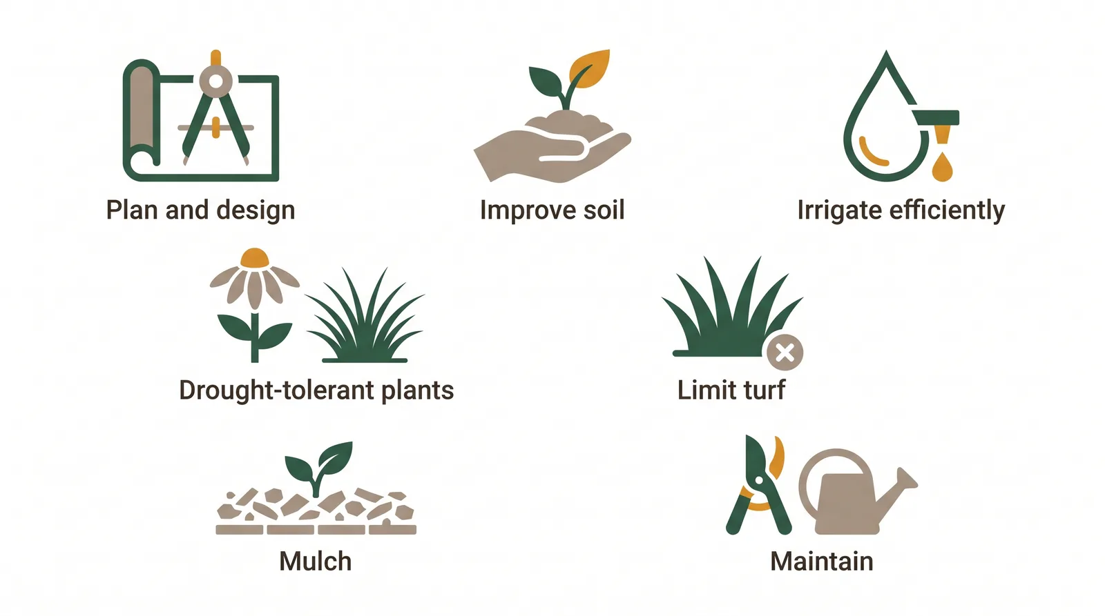 Diagram of the seven principles of xeriscaping: plan and design, improve soil, irrigate efficiently, drought-tolerant plants, limit turf, mulch, and maintain